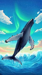 Majestic Humpback Whale Breaching Under Vibrant Aurora in Colorful Ocean Scene