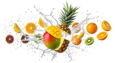 Refreshing Tropical Fruit Splash on White Background &ndash; High-Speed Fresh Food Burst