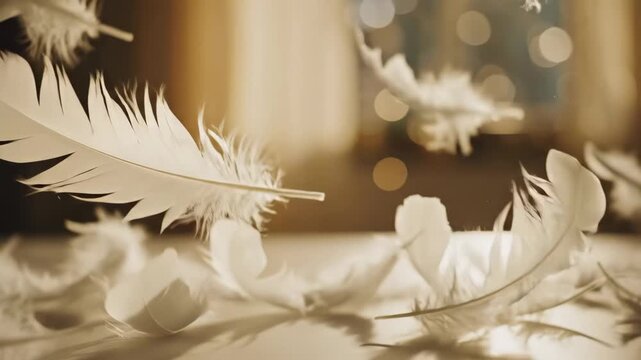 Floating White Feathers - Ethereal white feathers delicately float and dance in the air, creating a serene and peaceful scene. Soft lighting enhances the dreamy quality of the scene.