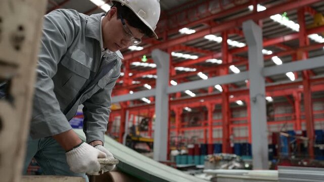 Asian industrial worker inspecting stack of corrugated metal roofing sheets in factory warehouse. Male employee checking construction material quality for manufacturing and building supply concept.