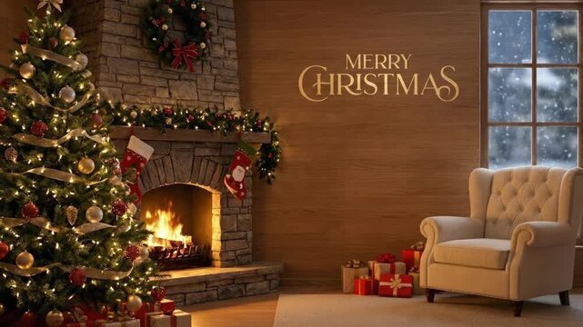 An inviting and warm interior scene, perfect for the winter holidays, features a brightly lit and beautifully decorated Christmas tree adorned with shimmering ornaments and golden ribbons. A cozy, cra