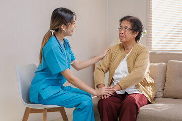 Healthcare professional checking on senior patient, providing compassionate support and elder care assistance in a home setting