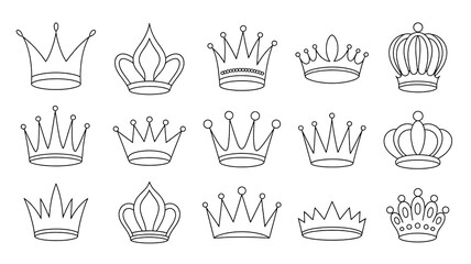 Fototapeta premium Collection of crown icons simple line art vector illustrations for royal or luxury themes isolated on white background