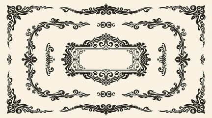 This image features a set of ornamental vector design elements in a classic or vintage style. The central piece is an elaborate rectangular frame decorated with Baroque or Victorian-style scrollwork.