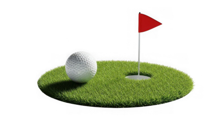 Golf ball on green with flag isolated on transparent background