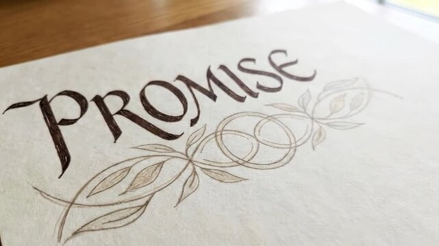 Close-up of the word 'PROMISE' elegantly hand-lettered in a rich, calligraphic style on a piece of rustic, textured paper. Delicate, organic vine and leaf motifs artfully frame the text, adding a time
