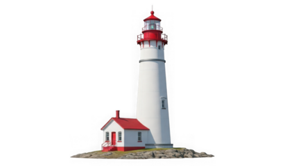 Classic white and red lighthouse structure isolated on transparent background