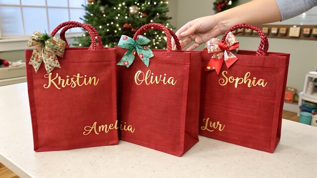 Three personalized red glitter christmas gift bags with names and bows on white background
