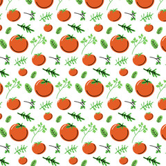 Line Red Tomatoes Seamless Pattern. Vector Vegetable Background. Cute hand drawn food illustrations