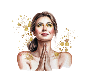 Woman Praying With Golden Glitter and Sparkles Watercolor prayer hope isolated on a transparent background