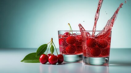 Pouring red cherry liquid into a glass filled with fresh cherries and bubbles