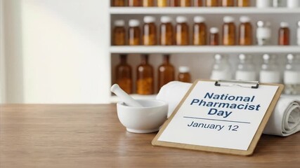 Pristine pharmacy scene with mortar, pestle, clipboard, and blurred medical bottles. Ideal for healthcare, medicine, pharmaceutical, and professional recognition themes, offering clean visuals for var