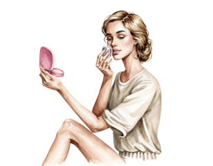 Woman applying powder to her face with a compact Keywords: woman, female, adult, young, beauty isolated on a transparent background