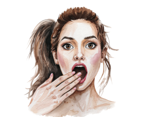 Woman with wide eyes and open mouth covering her face with hand Keywords: woman, female, adult isolated on a transparent background