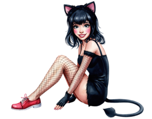 Anime Cat Girl in Black Dress and Fishnet Stockings with Red Shoes costume isolated on a transparent background