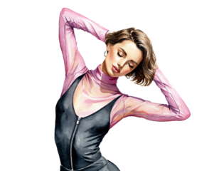 Woman with short blonde hair in a sheer pink top and black dress female short hair isolated on a transparent background