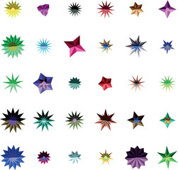 Diverse Colorful Geometric Star Shapes Faceted Or Spiky Isolated White Background