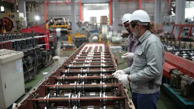 Two diverse factory workers inspecting machinery. Senior man points at equipment while colleague with dreadlocks uses walkie-talkie to communicate in industrial manufacturing plant.