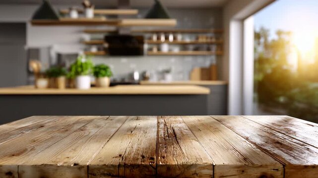 Empty wooden table surface with rough texture located in front of blurred modern kitchen background illuminated by bright sunlight from the window