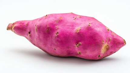 Vibrant pink sweet potato on a white background.