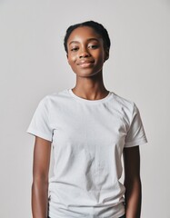 Young Woman Standing Plain White T-Shirt Front View Isolated Mockup