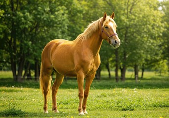 Fototapeta premium A brightly colored yellow horse stands majestically in a sunny meadow. The vivid color contrasts sharply with the green environment ,gold ,imagination ,striking