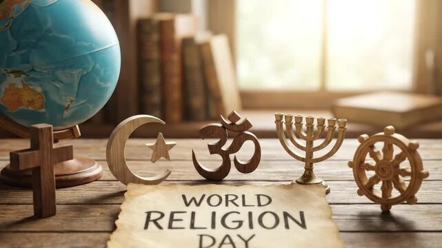 This contemplative close-up shot features a serene collection of various wooden religious symbols, including a cross, crescent and star, Om symbol, menorah, and dharma wheel, thoughtfully arranged on 