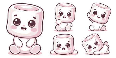 Collection of adorable kawaii marshmallow cartoon characters in various playful poses, including sitting, waving, and rolling, designed as sweet dessert mascots for cheerful kids' marketing, graphic d