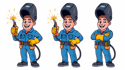 Confident cartoon welder tradesman character mascot illustration in blue overalls and yellow gloves, holding a torch with bright sparks or standing professionally, representing skilled industrial labo