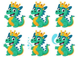 Obraz premium Cute baby dragon king mascot vector illustration set, featuring six different poses and actions like waving and talking, happy mythical creature character collection for children's books, fantasy gami