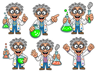 Energetic cartoon scientist or crazy professor character mascot set performing chemistry research and experiments, happily holding lab equipment like flasks and bubbling test tubes, symbolizing STEM e