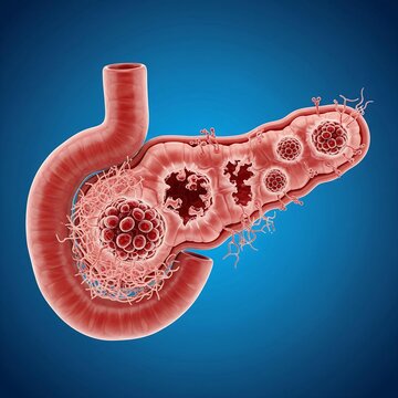 A human pancreas with visible clusters of destroyed Islets of Langerhans cells and surrounding fibrosis, symbolizing Type 1 Diabetes onset, in an aggressive biological attack graphic, detailed, 