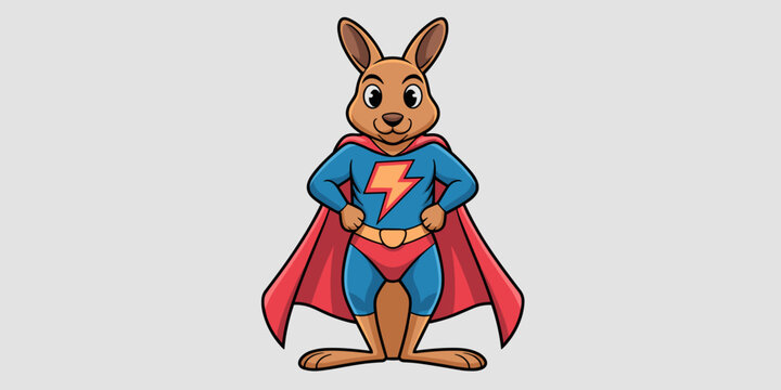 Brave kangaroo mascot character, a heroic bunny illustration standing in a powerful stance, wearing a blue and red superhero costume with a lightning bolt symbol and flowing cape, representing speed,
