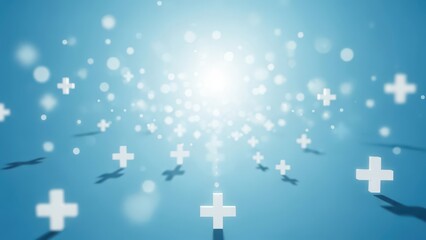 Abstract digital health and medical care concept showing positive symbols moving towards a bright future, representing innovation and wellbeing in a technological era