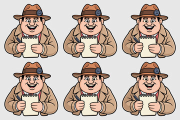 Cheerful, friendly smiling cartoon reporter or journalist mascot illustration holding a pen and spiral notepad, ready to document notes for investigation, informational graphics, or news media marketi