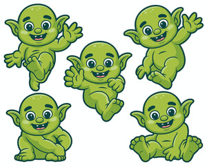 Obraz premium Collection of five adorable baby green cartoon goblins and trolls fantasy creatures, showing playful mythical characters jumping, sitting, waving, and smiling happily, useful vector illustration set f
