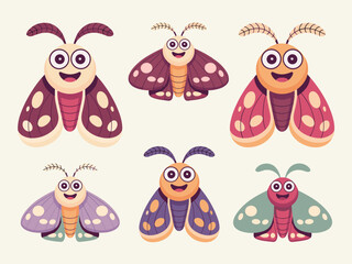 Naklejka premium Six adorable cartoon moth characters vector illustration collection featuring colorful smiling insects with big eyes perfect for kids education, joyful branding, nature themes, or fun graphic design r