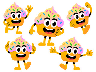 Collection of five cheerful dessert pastry mascots and fun sweet characters running, smiling, and waving, bright vector illustration set for vibrant bakery promotion, confectionery advertising, kids'
