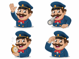 Friendly mustachioed conductor or ship captain mascot vector illustration collection demonstrating customer service, punctuality, time, greeting, communication, announcement, and commanding actions fo