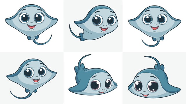 Adorable blue cartoon baby manta ray characters swimming happily with big innocent eyes and friendly smiles, perfect vector illustration set for children's aquatic educational apps, playful marine lif