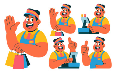 Friendly, smiling retail worker, store clerk, and cashier vector illustration collection showcasing professional customer service, cheerful greeting, holding shopping bags, checkout purchase, and effe