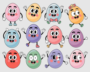 Obraz premium Adorable funny vibrant cartoon Easter egg characters set waving with happy smiles, a full collection of colorful diverse holiday eggs in vintage 1930s rubber hose animation style perfect for spring ma