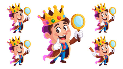 Cheerful royal mascot character, the King detective, holding a large golden search magnifying glass and displaying a winning thumbs up, representing successful quality control, detailed review, precis