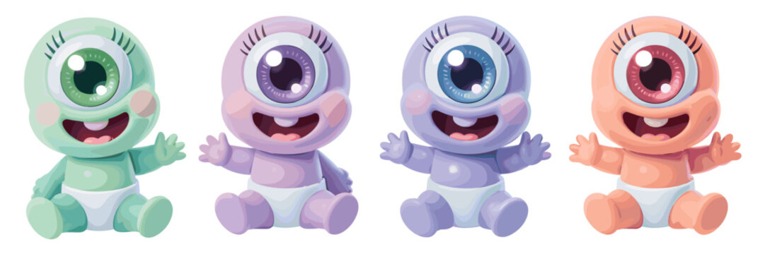 Adorable baby cartoon cyclops monsters group illustration sitting happily and waving hello, featuring diverse pastel colors like mint green, purple, lavender, and peach, perfect vector art for childre