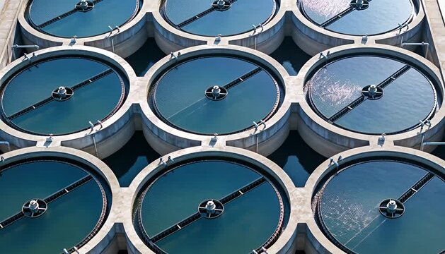 Aerial overview of industrial water treatment clarifiers processing vast amounts of liquid., clarifier.