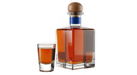 Aged tequila bottle and shot glass isolated on transparent background