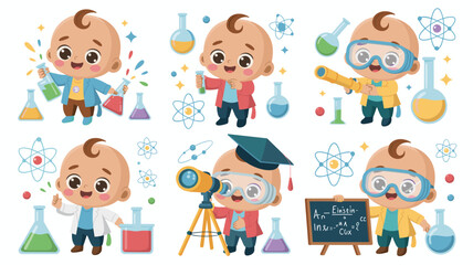 Six cheerful, cute baby scientist cartoon vector illustrations detailing toddlers engaging in chemistry experiments, physics research, and astronomy learning using beakers, telescopes, and formulas, e