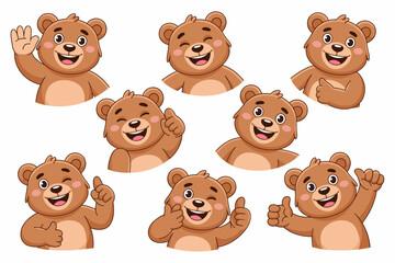Fototapeta premium Cute brown bear mascot character bundle showing various positive emotions and hand gestures, including smiling, winking, waving, and giving the thumbs up signal for agreement, approval, or success; fr