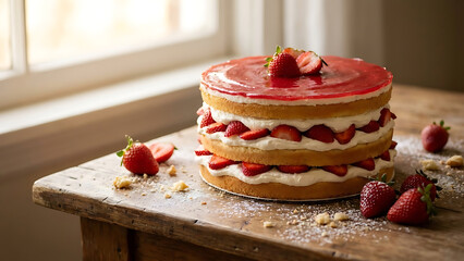 Homemade layered strawberry cake, rich with fresh berries and cream, presented on a rustic wooden table bathed in soft natural light, a delightful dessert