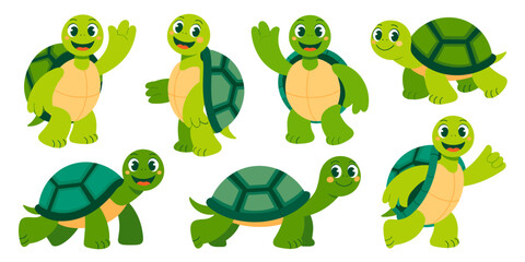 Naklejka premium A collection of cute, friendly cartoon turtles set, standing, walking, and waving, offering a cheerful thumbs-up gesture, bright green tortoise vector illustration graphics for children's education, n